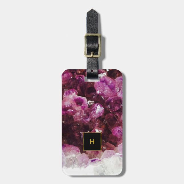 Purple amethyst gold monogrammed elegant luggage tag (Front Vertical)