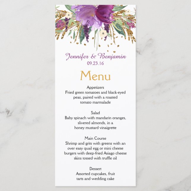 Purple Amethyst Gold Watercolor Flowers Menu Cards (Front)