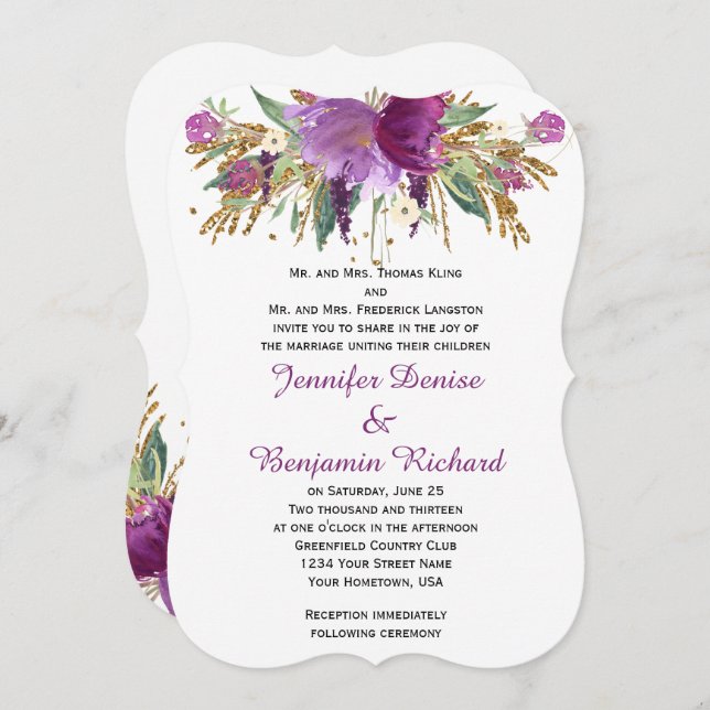 Purple Amethyst Gold Watercolor Flowers Weddings Invitation (Front/Back)
