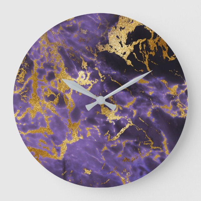 Purple Amethyst Golden Stone Marble Black Luxury Large Clock (Front)