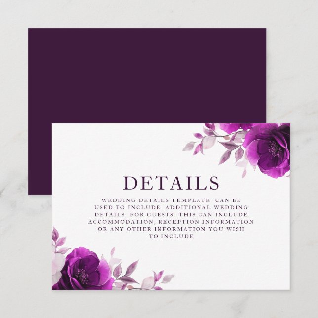 Purple Amethyst & Indigo, Lilac Wedding Details Enclosure Card (Front/Back)