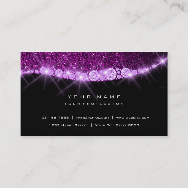 Purple Amethyst Sparkly Diamond Glitter Glam Black Business Card (Front)