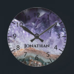 Purple Amethyst Stone Crystals Geode Photo Custom Round Clock<br><div class="desc">Photo close-up of a purple amethyst stone geode with a customisable name for a personalised gift for someone who loves stones and minerals.</div>