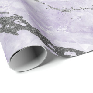 Purple Amethyst White Silver Grey Marble Shiny Wrapping Paper