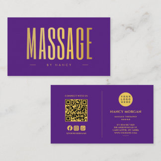 Purple An Gold Massage Therapist  QR Code And Logo Business Card
