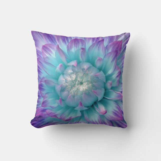 Purple and Aqua Coloured Dahlia Cushion (Front)