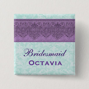 Purple and Aqua Damask Bridesmaid 15 Cm Square Badge