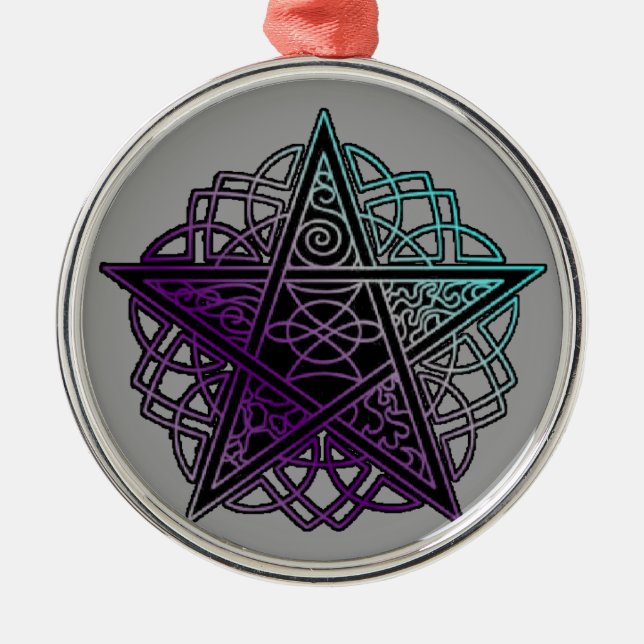 Purple and aqua intricate pentacle metal ornament (Front)