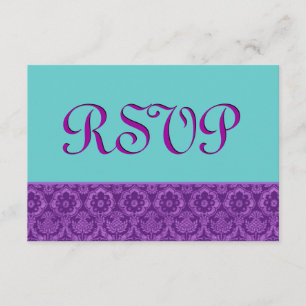 Purple and Aqua RSVP Vintage Damask Wedding Ver2 Card