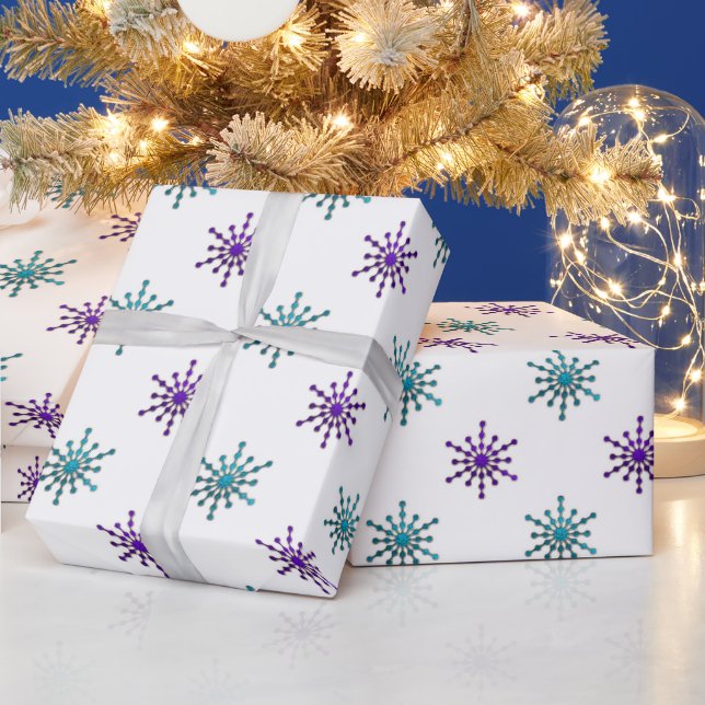 Purple and Aqua Snowflakes On White Wrapping Paper (Holidays)