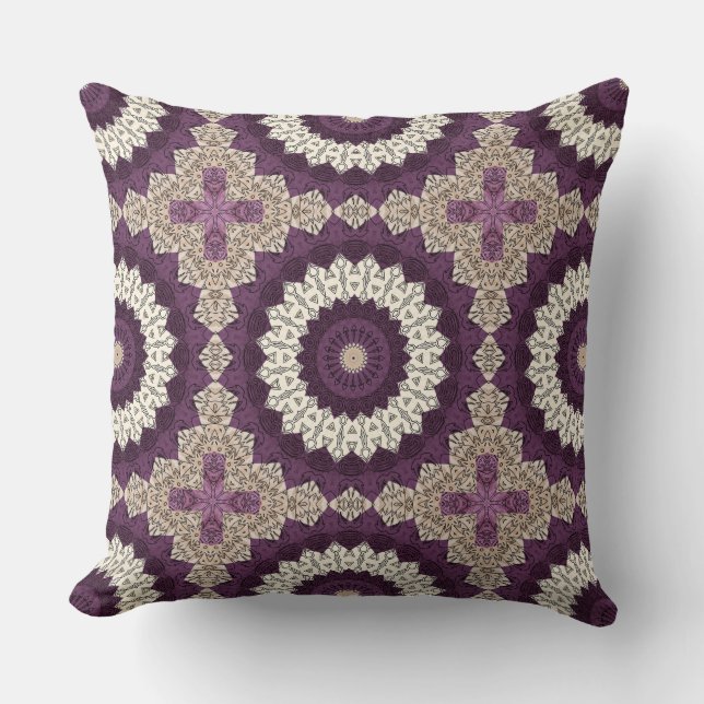 Purple and Beige Mandala Bold Geometric Patterns Cushion (Front)