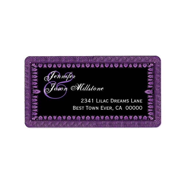 Purple and Black Art Deco Border Wedding Label (Front)