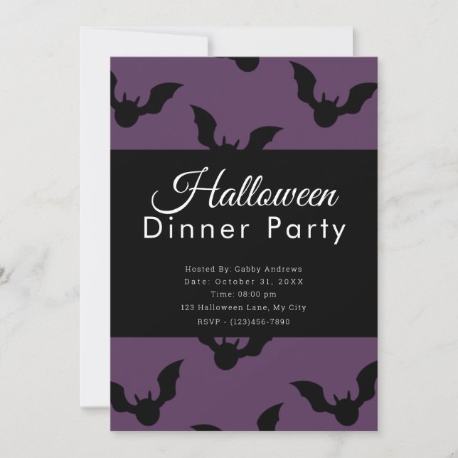Purple and Black Bats Halloween Dinner Party Invitation (Front)