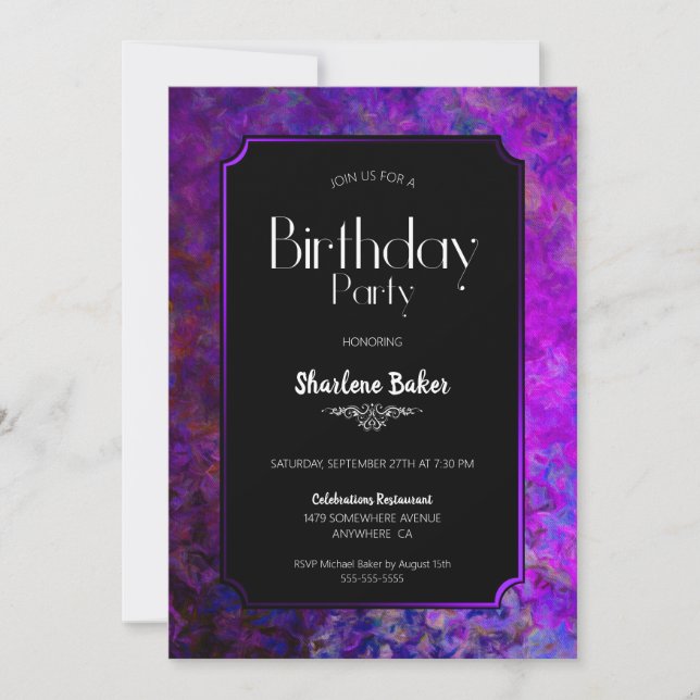 Purple and Black Birthday Party Invitation (Front)