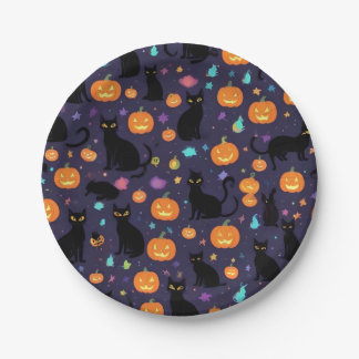 Purple And Black Cat Halloween Paper Plate