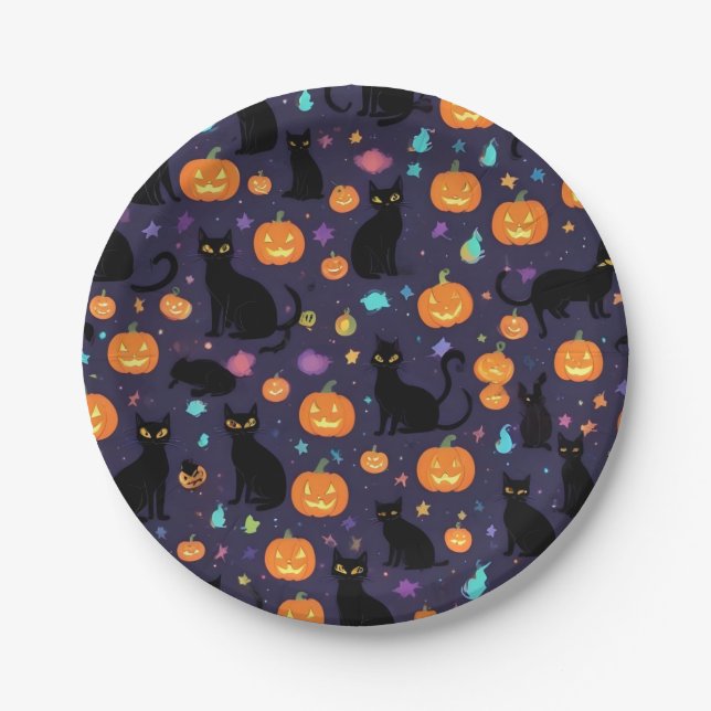 Purple And Black Cat Halloween Paper Plate (Front)
