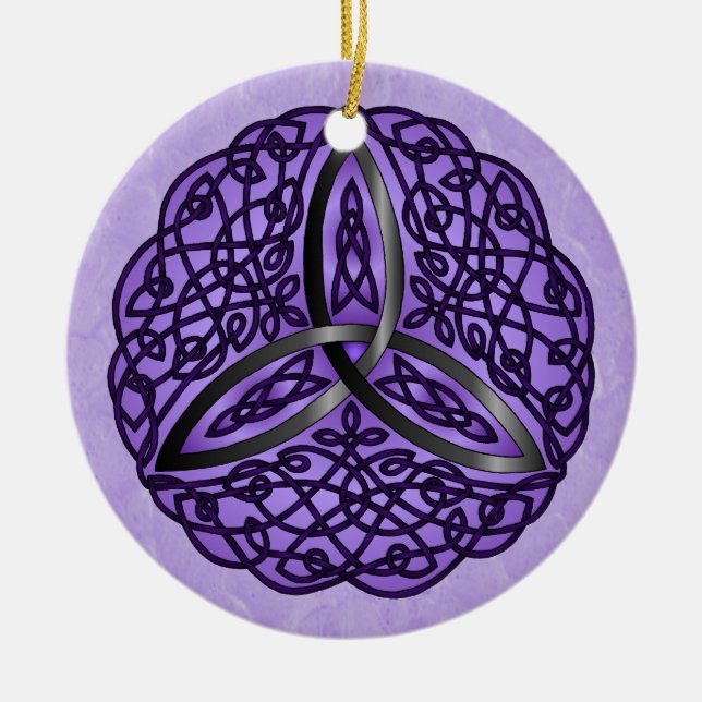 Purple and Black Celtic Art Trinity Knot Ceramic Tree Decoration (Front)