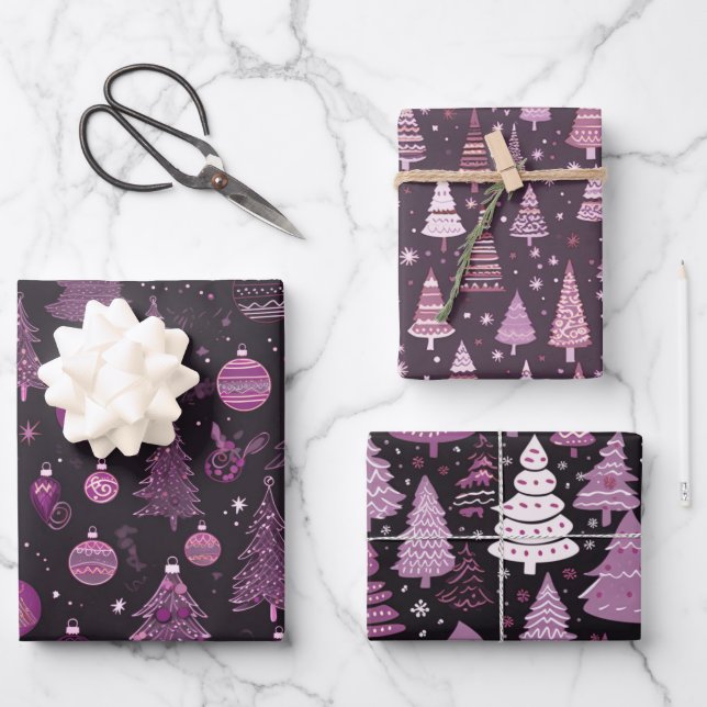 Purple and Black Christmas Trees Christmas Wrapping Paper Sheet (Front)