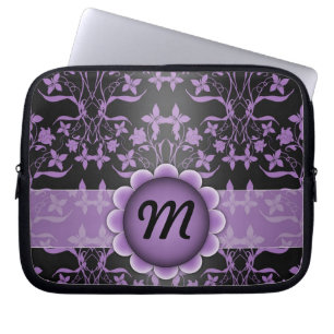 Purple and Black Damask Monogram Laptop Sleeve