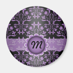 Purple and Black Damask Monogram Magnet