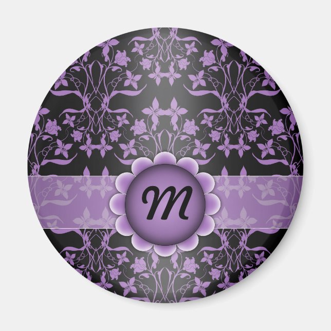 Purple and Black Damask Monogram Magnet (Front)