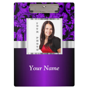 Purple and black damask photo template clipboard