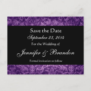 Purple and Black Damask Save The Date Postcard