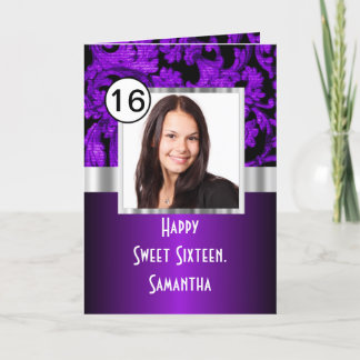 Purple and black damask sweet sixteen card