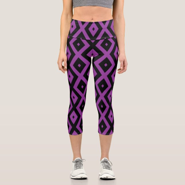 Purple and black diamond pattern capri leggings (Front)