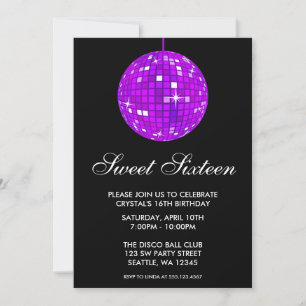 Purple and Black Disco Ball Sweet Sixteen Birthday Invitation