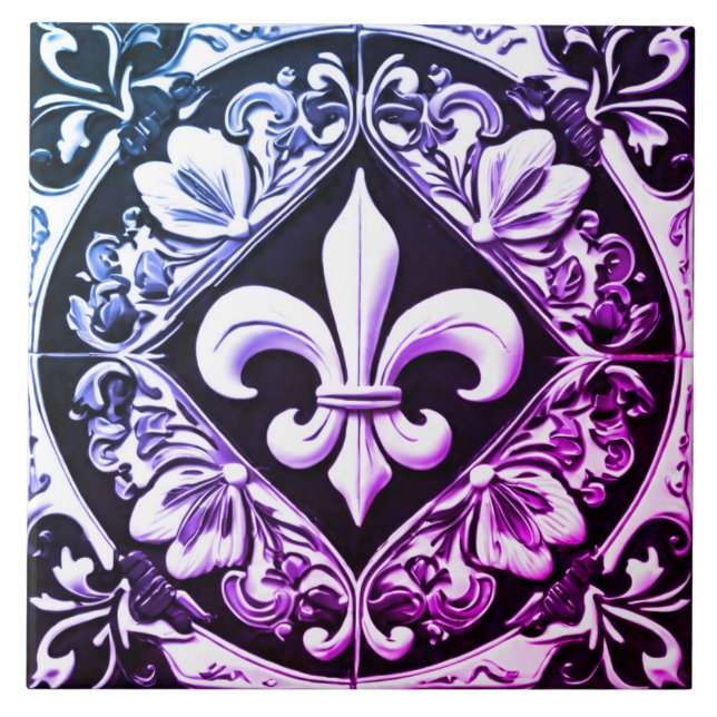 Purple and Black Fleur de Lis Ceramic Tile (Front)