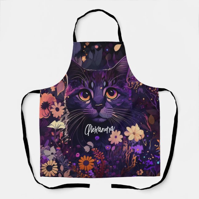Purple and Black "Floral Cat"  Apron (Front)