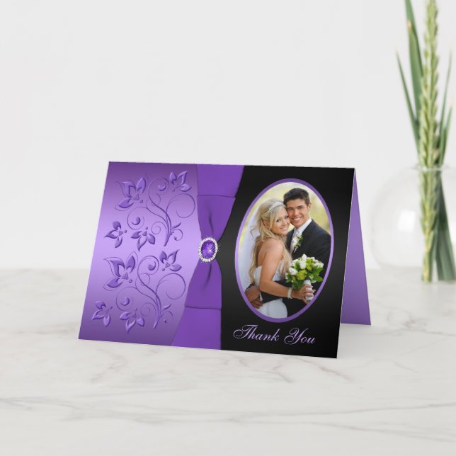 Purple and Black Floral Photo Thank You Card (Front)