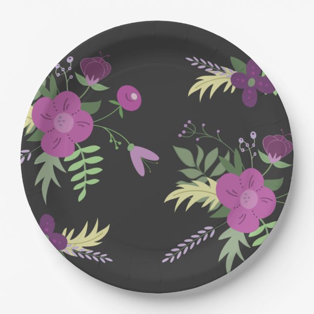 Purple and Black Flower Design Paper Plate (Front)