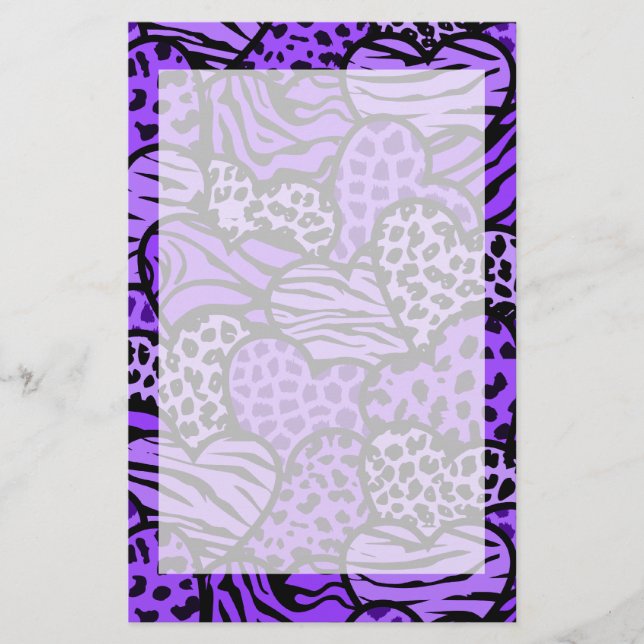 Purple and black girly animal print hearts stationery (Front)