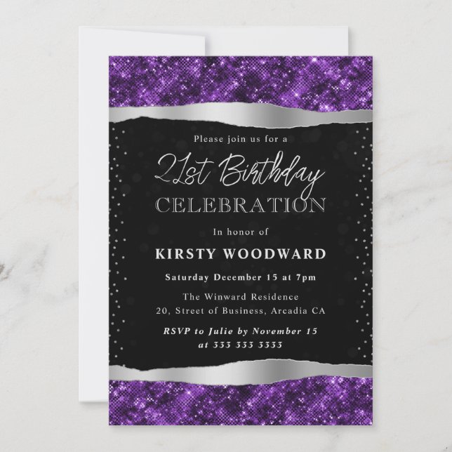 Purple and Black Glitter Shimmer 21st Birthday Invitation (Front)