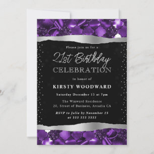 Purple and Black Glitter Shimmer 21st Birthday Invitation