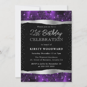Purple and Black Glitter Shimmer 21st Birthday Invitation