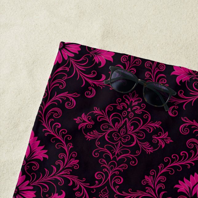 Purple and black gothic damask pattern beach towel (In Situ)