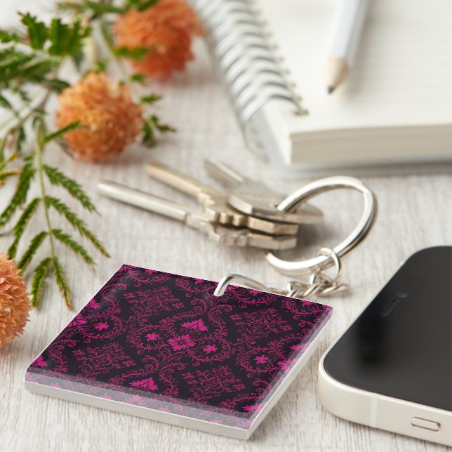Purple and black gothic damask pattern key ring (Front Right)