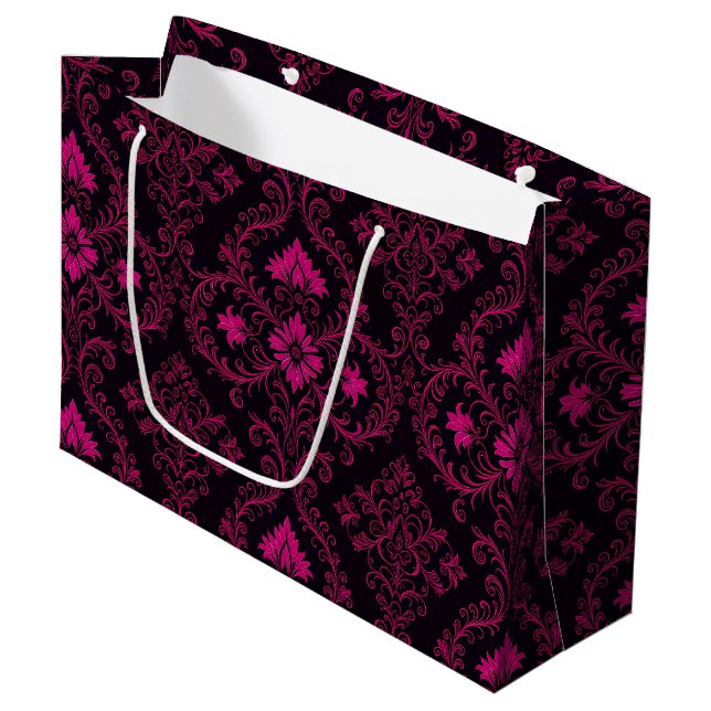 Purple and black gothic damask pattern large gift bag (Front Angled)