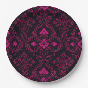 Purple and black gothic damask pattern paper plate