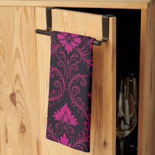 Purple and black gothic damask pattern tea towel
