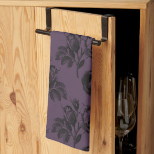 Purple and Black Gothic Floral Pattern Halloween Tea Towel