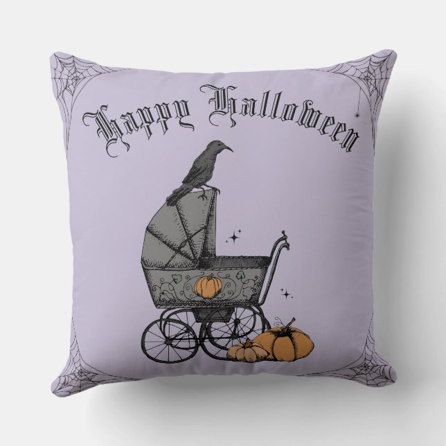 Purple and Black Gothic Happy Halloween Cushion (Back)
