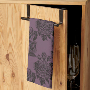 Purple and Black Gothic Roses Pattern Halloween Tea Towel