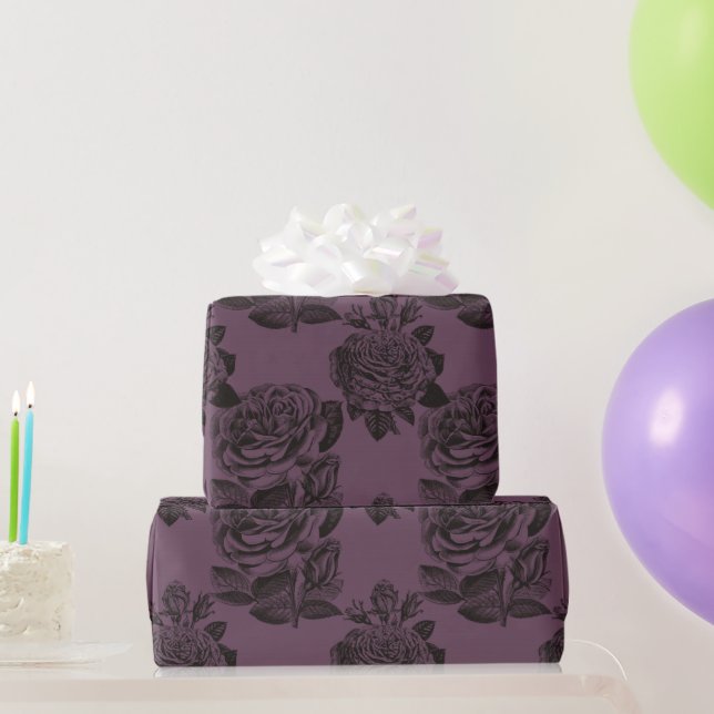 Purple and Black Gothic Roses Pattern Halloween Wrapping Paper (Party Gifts)