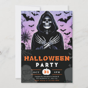Purple and Black Grim Reaper Skeleton Halloween Invitation