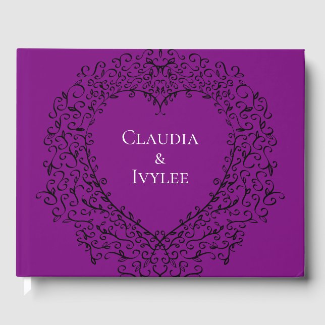 Purple and Black Heart Gothic Wedding Guest Book (Front)