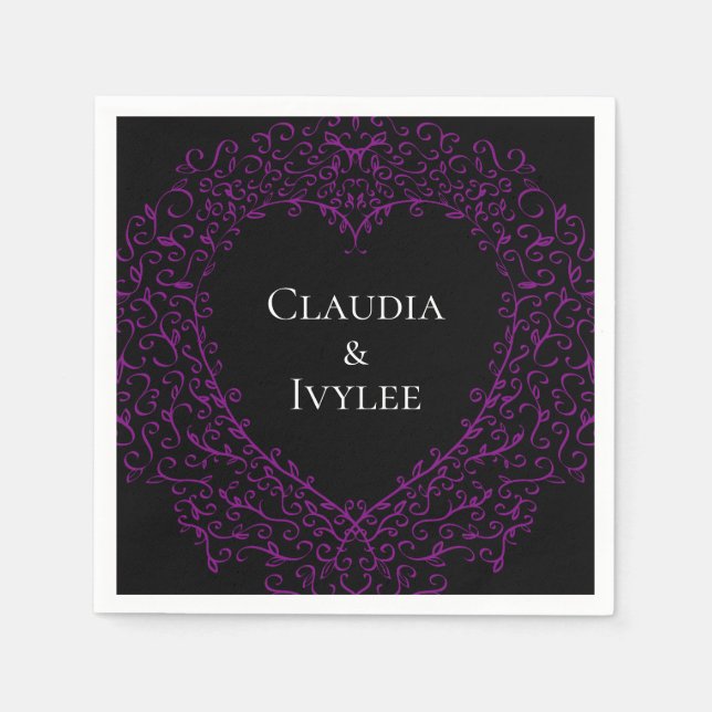 Purple and Black Heart Gothic Wedding Napkins (Front)